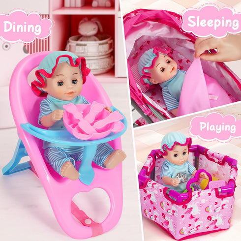 Set 11'' 24 Playset 3-5 4-6 DRAMATION Unicorn Baby Doll Stroller with Baby Doll, Foldable Doll Stroller, Playpen