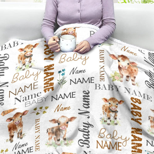 Novusopt Custom Blanket with Name Baby Sherpa Blanket Cow Personalized Baby Blankets for Boys Girls Unisex Sherpa