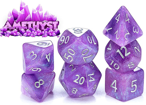 Gate Keeper Games Aether Dice: Amethyst, 7pc Set, Purple & White Glitter Swirl Resin Dice for RPGs