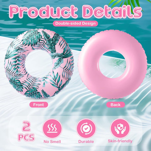 2 Pcs Large Float Tube 47.24 Inches, Inflatable Pool Floats Jumbo Tropical Leaves Pool Tube for Adults Kids Summer