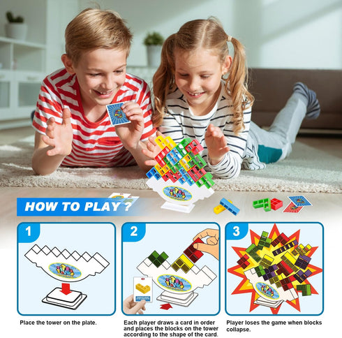 Tetra Tower Balancing Stacking Toys - 32PCS Board Games for Kids & Adults - 2 Players Balance Game with Storage Bag