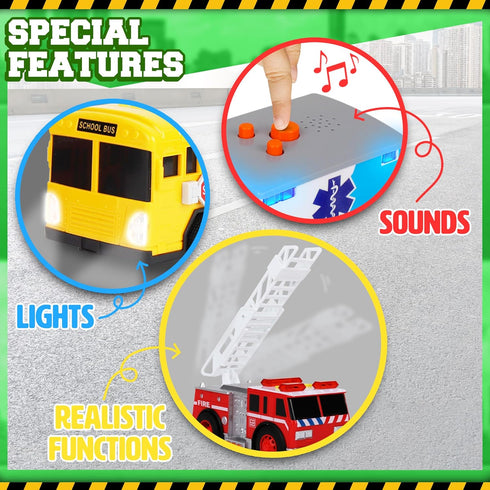 Toy Cars for Toddlers | 6 Pcs Pull Back Cars with Light and Sounds | City and Emergency Vehicles Set