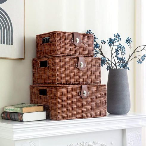 Set of 3 Woven Wicker Storage Baskets with Lid & Lock, Multifunctional Organizer for Nursery, Baby, Clothes