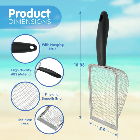 4E's Novelty 2X Shark Tooth Sifter for Beach with 2X Small Mesh Beach Bag for Shell Collecting, Metal Sand Scoop for