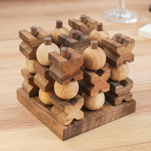NOVICA 275090 Light Brown Hand Made Rain Tree Wood Tic Tac Toe Game