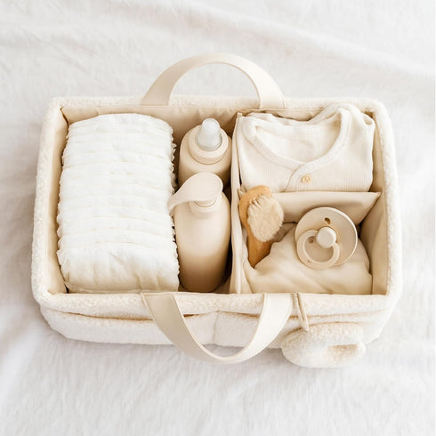 Orelle Boucl Diaper Caddy Organizer with Matching Pouch & Moon Pendant | Teddy Portable Changing Table Organizer |