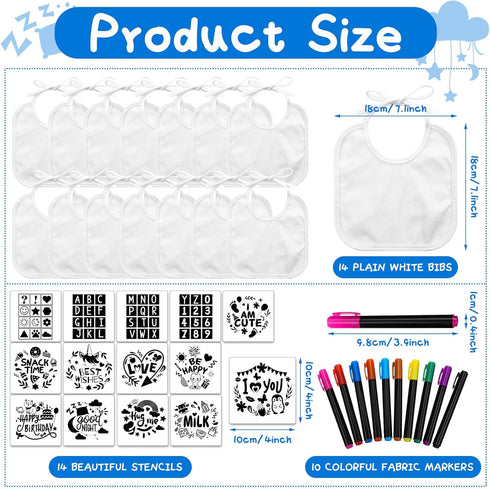 Jutom 38 Pcs DIY Baby Bibs Decorating Kit 14 Bibs 14 Stencils 10 Fabric Markers 2 Ply Feeder Bibs Design Bib for Shower Games