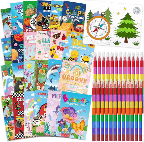 Cinrobiye 24 Coloring Books for Kids With Stacking Crayons Bulk Mini Coloring