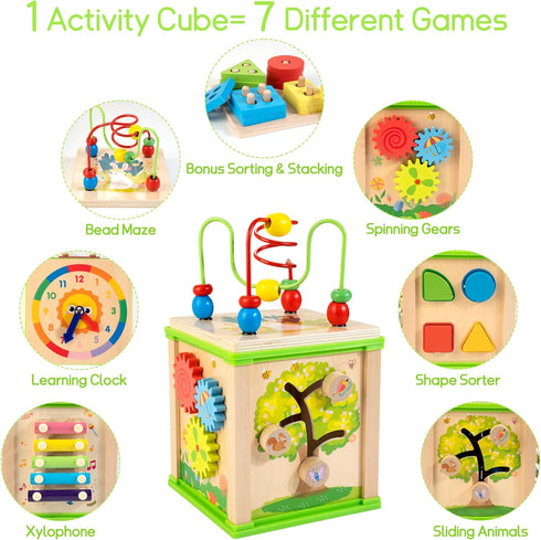 Wooden 7-in-1 Activity Cube, Montessori Toys for 1 2 3 Year Old Toddlers, Educational Developmental Toys