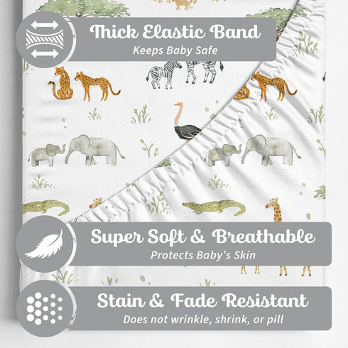 2 Pack Crib Sheets Neutral - Fitted Baby Crib Sheets Bed for Girl Boy - Standard & Toddler Mattress (Safari Adventure)