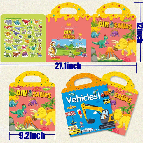 Reusable Sticker Book for Kids 2-4, 2 Sets Vehicle & Dinosaur Sticker Busy Book, Educational Learning Toys for Toddler