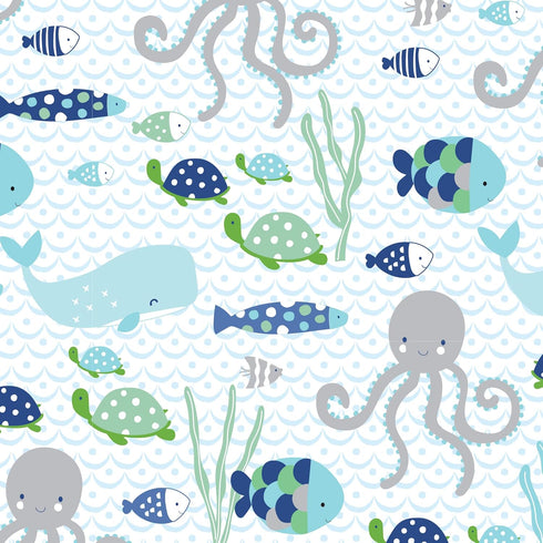 Oceania Fitted Crib Sheet by Lambs & Ivy - 100% Cotton, White with Blue Nautical Fish and Octopus