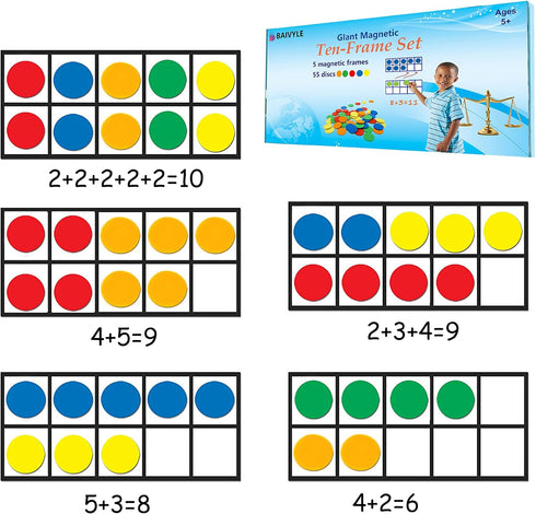 Giant Magnetic Ten-Frame Set - 5 Ten Frames and 55 Magnetic Math Counters - Classroom Toys for Kindergarten