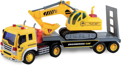 Maxx Action 17 Vehicle Transport with Excavator Bright Lights and Construction Sounds | Friction