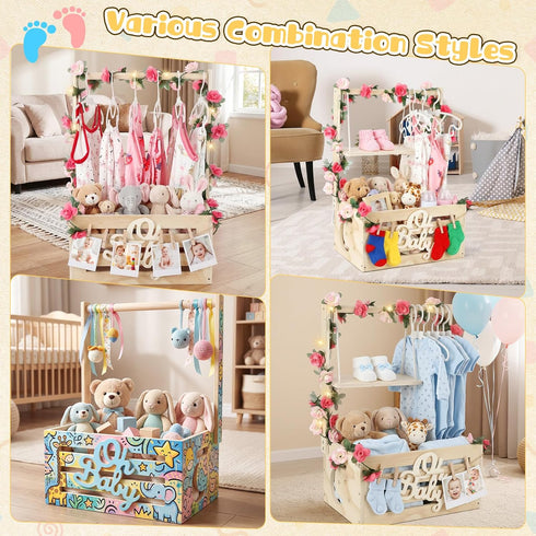 XIEJ Closet, 6 6 Wooden Baby Shower Crate Personalized Baby Gift Basket with Adjustable Handle, Include String Lights