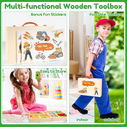 Bravmate Toddler Tool Set with Portable Tool Box & DIY Stickers, Wooden Kids Tool Sets for Boys Girls Age 2-4