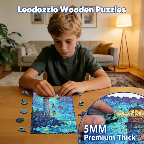 Leodozzio 200 5mm 8.8 11.7 Inch Wooden Puzzles for Adults, Lighthouse Wood Jigsaw Puzzle Pieces, Thick Unique Shaped