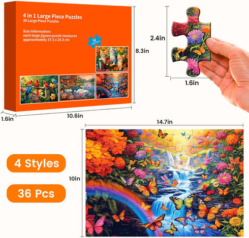 4 Packs 36 Large Piece Puzzles for Seniors, Dementia Puzzles, Alzheimer's Cognitive Games with 4 Storage Bags