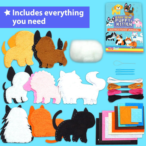 8 KRAFUN Easy Sewing Kit for Beginner Kids Arts & Crafts, Easy DIY Projects of Stuffed Animal Dolls of Puppies