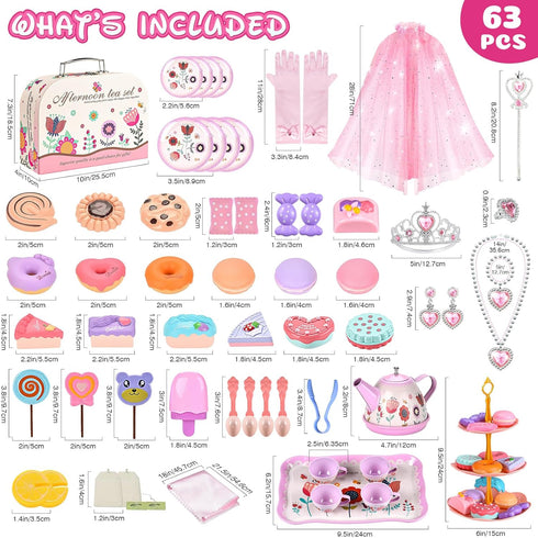 Set 63Pcs Sets 3-5 6 Playset, Tea Party for Little Girls, Pretend Play Toys, Princess Dress Up Tea Time, Tin Tea