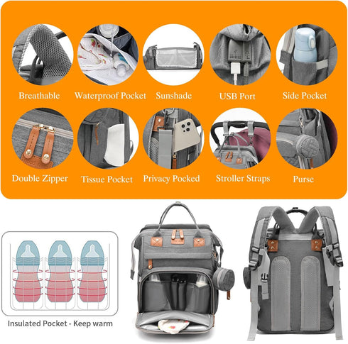 Baby Diaper Bags with Changing Station, Waterproof Backpack for Moms Dads with USB Charging Port