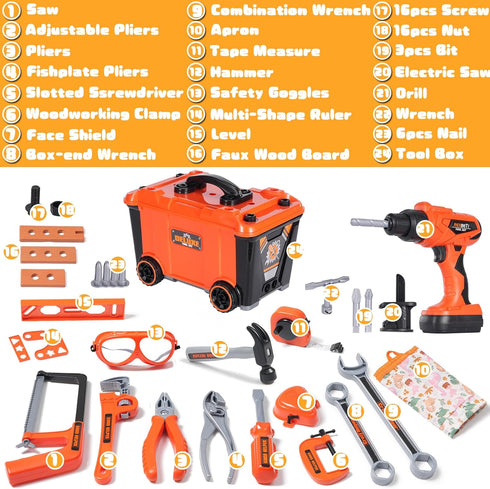Set Set, 3-8 REXBETI Kids Tool with Box and Electronic Toy Drill, Pretend Play Kids Workbench Construction Kits