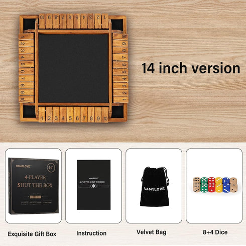 14 inches 8+4 2-4 4-Sided 10 VAMSLOVE Upgraded Shut The Box Dice Game Wooden Board Table Math Game with Dice for Player