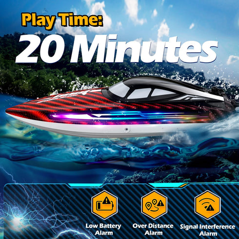 jogpun 30KMH 7 8-12 Cooling,20Mins,Low Alert,2.4Ghz,Red RC Remote Control Boat with LED Light Modes Waterproof Electric