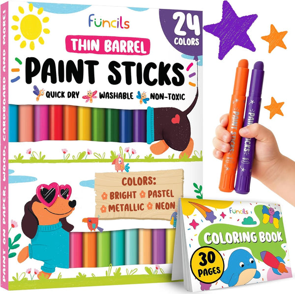 24 Thin Tempera Paint Sticks for Kids Washable (Coloring Book incl) |