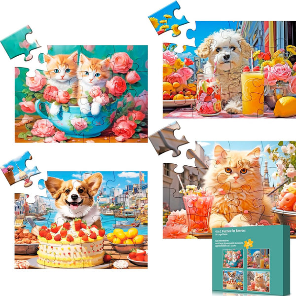4 Pack 16 Large Piece Puzzle for Seniors - Alzheimer's Cognitive Jigsaw Puzzles for Elderly - Easy Fun Memory Game