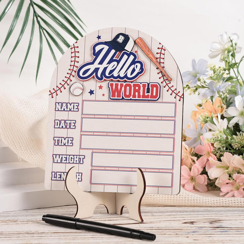 Fukaisu Hello World Newborn Sign, Wooden Baby Birth Announcement Sign with Pen for Boys Girls New Baby Name Plaque