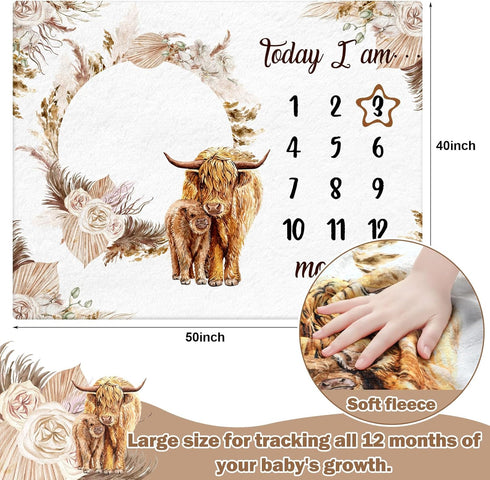 Boho Floral Baby Monthly Milestone Blanket Neutral Bohemian Photo Prop Blanket Personalized Highland Cow Baby Present Pampas Grass Ideas for Baby Newborn Nursery Decor (Brown, Highland Cow) by Mindsoft