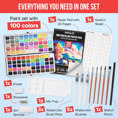 Art Vista Set 100 Set Premium Watercolor Paint Bundle with Bright Colors & Paper Pad for Beginners & Professional