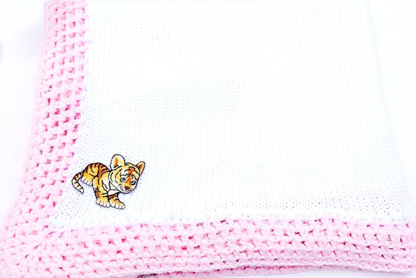 Sanjit Knitted Crochet Finished Pink Cotton Large Baby Blanket with Tiger Cub Applique