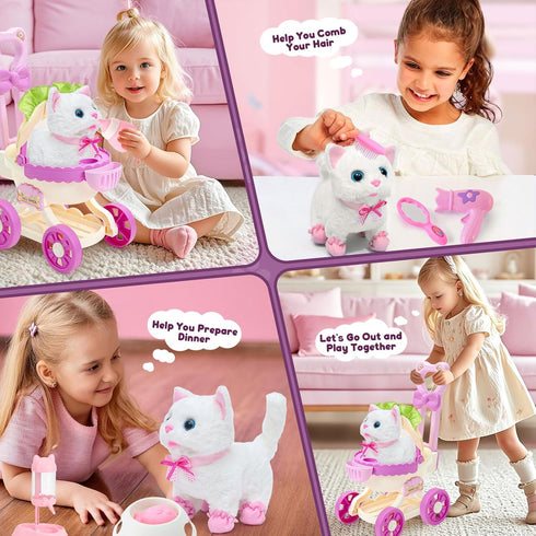 3 4 5 6 7 8 G.C Cat Toys for Kids Girls, Electronic Interactive Stuffed Cat Walk Meow and Wag Tail with Stroller Pet