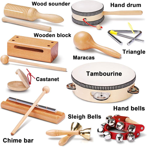 LOOIKOOS Toddler Musical Instruments, Natural Wooden Percussion Toy Set for Kids with Storage Bag