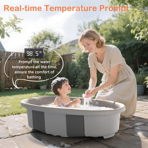 0 36 Collapsible Baby Bathtub - Large Baby Bath Tub with Thermometer & Cushion | Travel Portable Newborn Infant Bathtub