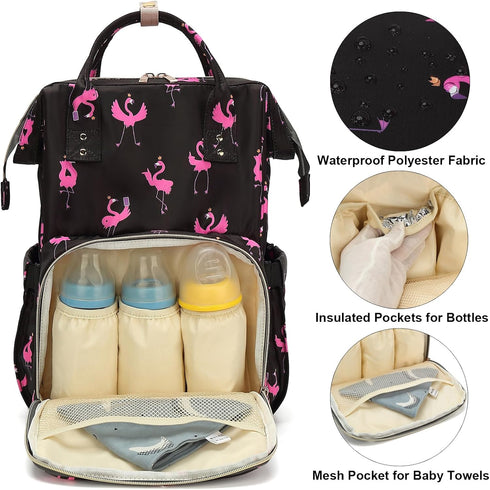 Dezcrab Backpack Backpacks Flamingo Baby Diaper Bag for Women, Large Capacity Waterproof Maternity Travel Nappy