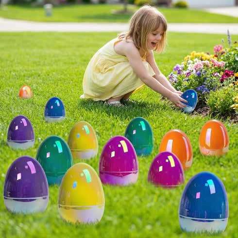 PNIOTAIN 6 6 Inch (Shimmer) Pcs Large Easter Eggs Fillable, Colorful Jumbo Plastic Empty Egg Stand Upright for Easter