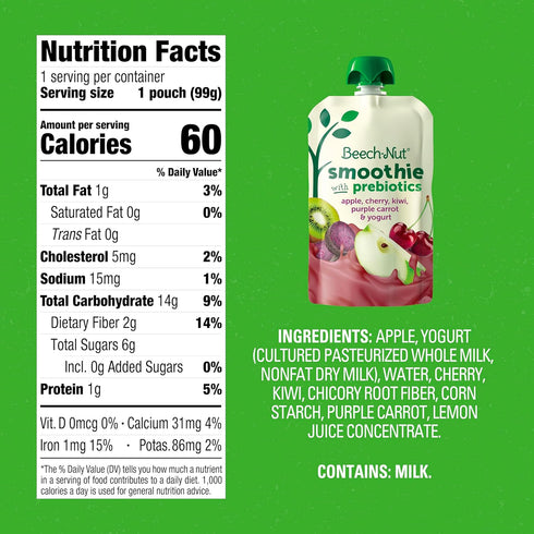 Beech-Nut Toddler Smoothies with Prebiotics, Apple Cherry Kiwi Purple Carrot & Yogurt, 3.5 oz (12 Pack)