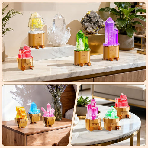 9 Pack Set 1170PCS CUBIMANA Easter Party Favor Mineral Mini Building with LED Light, Crystals Flower Bonsai Block Toy