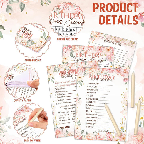 Fumete Birthday Party Games - 100 Pcs Who Knows The Birthday Girl Game with 20 Pencils, Girly Birthday Cards Set for