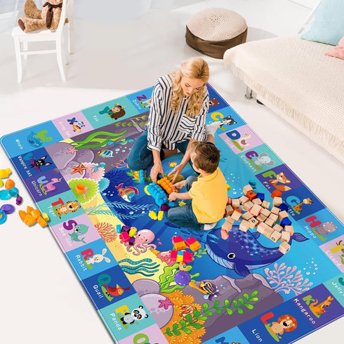 Kids Play Rug, Animals Print Baby Mat for Floor, Non-Toxic Soft Crawling Mat, Nursery Rugs (Blue, 47.2X31.5 INCH)