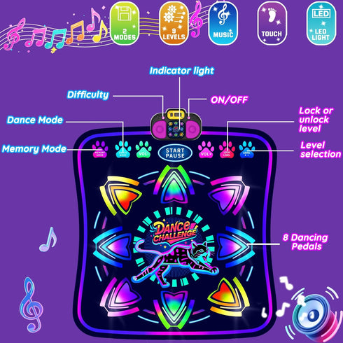 2 6 3-12 MOMUSE Kids Dance Mat with Display & Lockable Levels, Challenge Modes Electronic Dance Pad Volume Levels