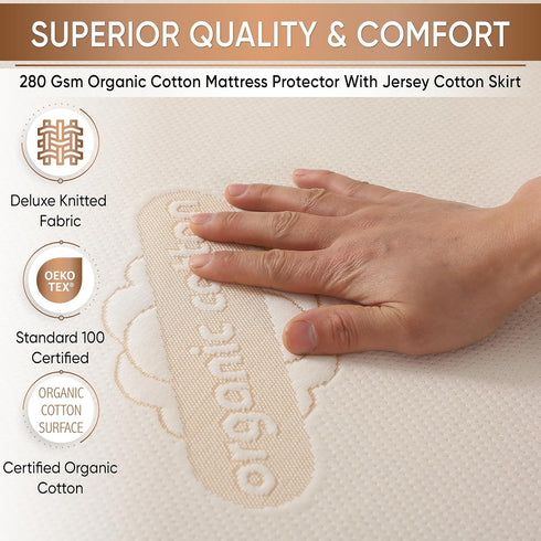 280 Deluxe Organic Crib Mattress Protector Pad Waterproof & Breathable Organic Cotton Cover for Baby & Toddler Beds