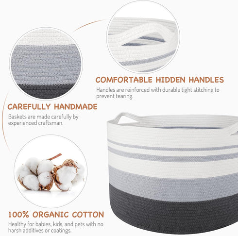 WISELIFE Large Storage Basket, Cotton Rope Basket 21.7"x 21.7" x 13.8", Baby Laundry Basket with Handle, Big Basket,