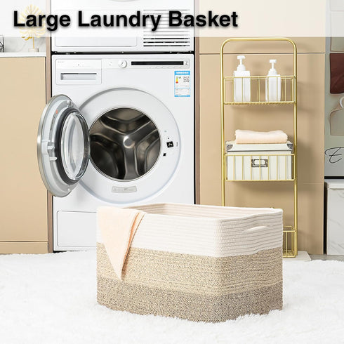 Large Blanket Basket for Living Room, Woven Storage Basket for Toys, Cotton Rope Basket, 22”x17”x12”