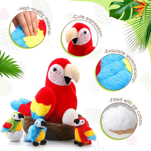 Meooeck 7 Pcs Macaw Parrot Plush Toys Set | 13 Inch Large Mommy Parrot with Nest, Egg & 3 Cute Baby Plushies