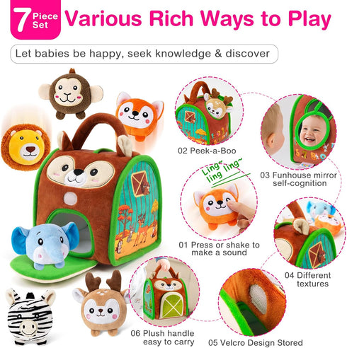 6 6-12 1-3 Soft Baby Sensory Toys - Squirrel Barn with Stuffed Zoo Animals - Rattles, Crinkles, Squeak, Mirror