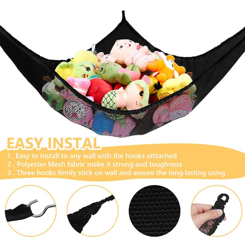 Jumbo Toy Net Hammock for Stuffed Animals, KoHuiJoo Wall Sling Corner Organizer, Black 2 Pack